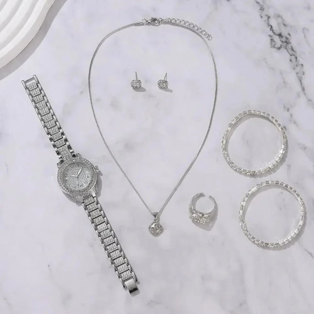 6PCS Women Jewelry Set - Luxury Elegant Alloy Crystal Wristwatch Dubai Style